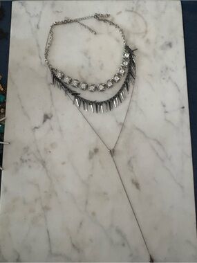 Layered Silver Statement Necklace with Crystal Accents